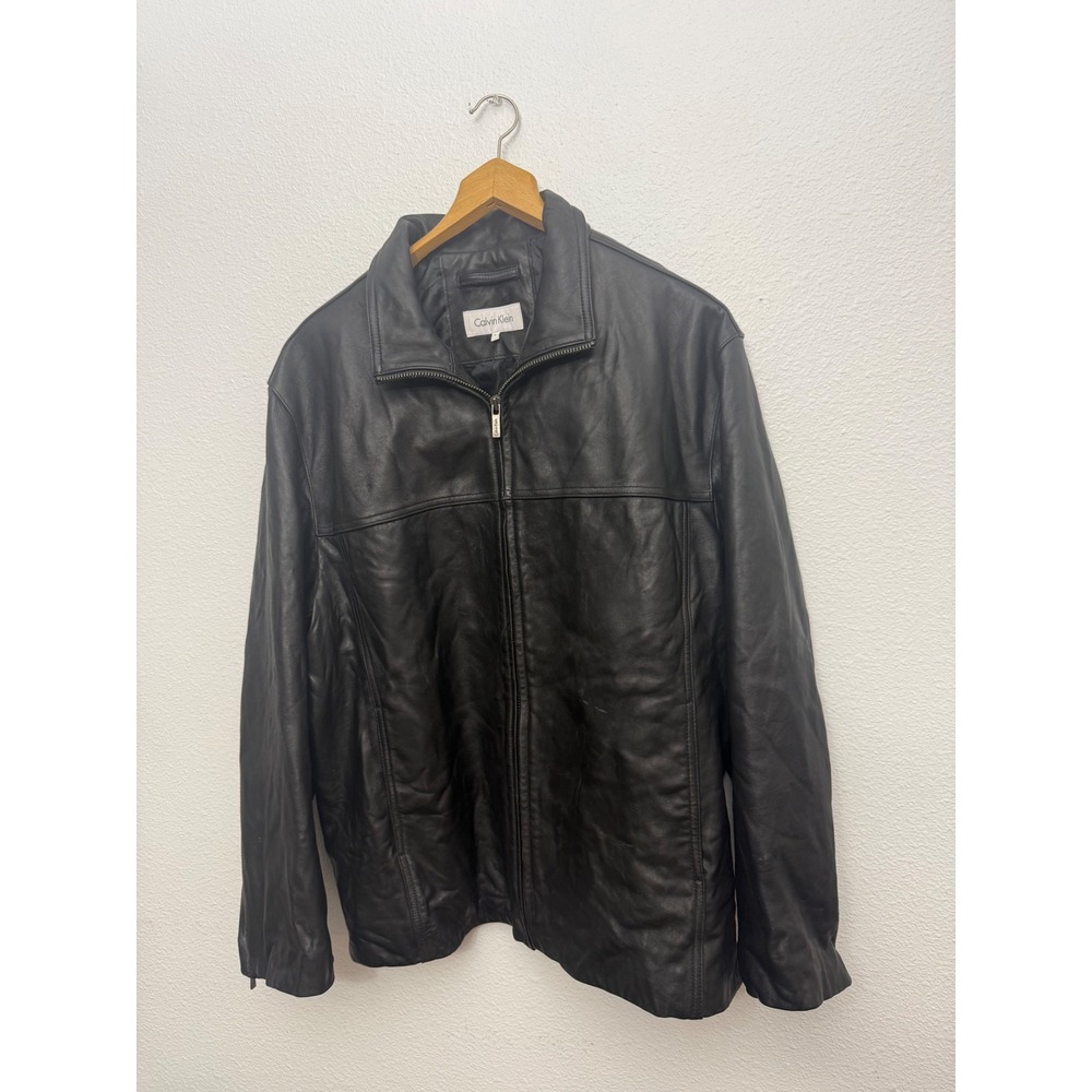 Calvin Klein Mens Black Leather Full Zip Jacket XL Classic Biker Minimalist